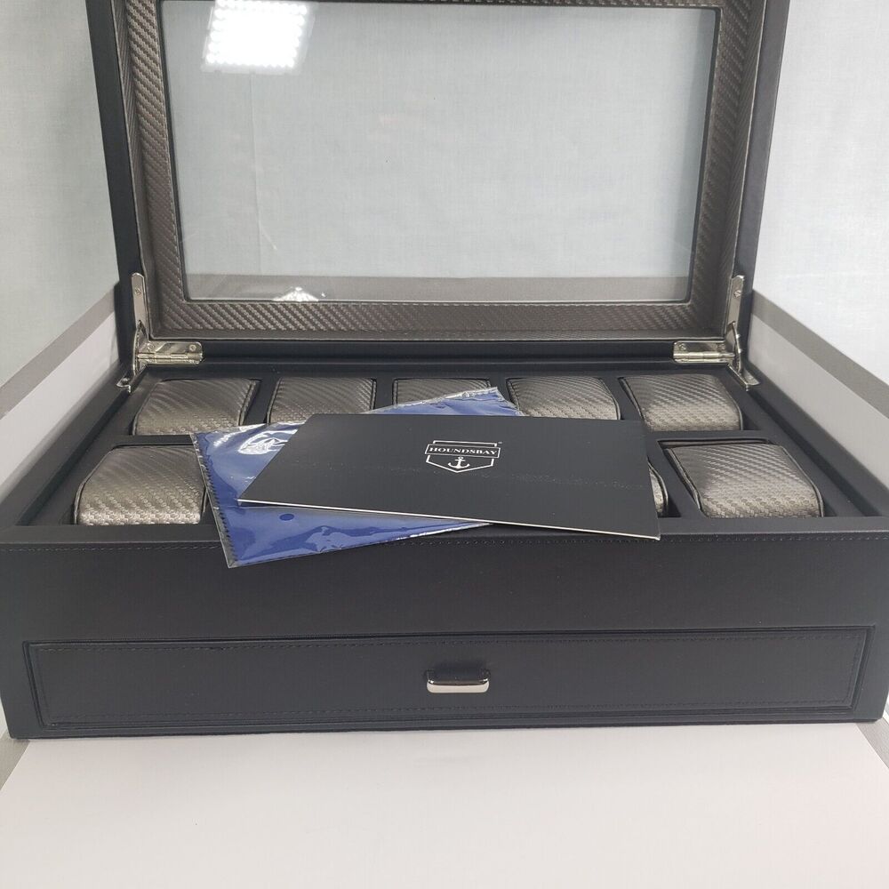 Houndsbay Yachtsman Vegan Leather Watch Jewelry Case 10 Slots With Pull Out Draw - Picture 11 of 16